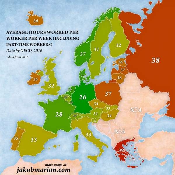 карта количество рабочих часов в неделю в странах Европы